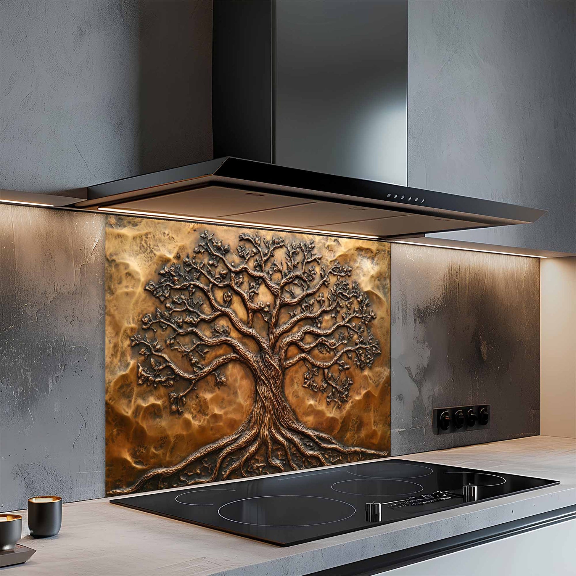 Modern kitchen with a decorative glass splashback featuring an embossed tree design.