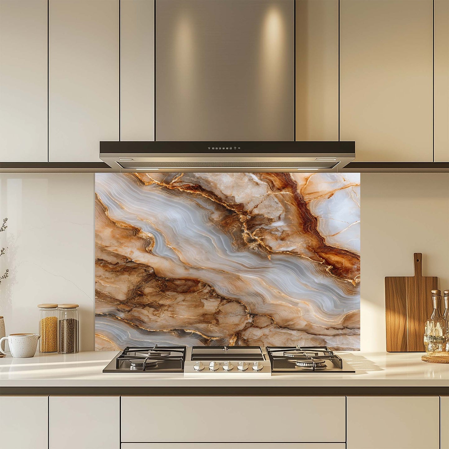 Modern kitchen with a decorative glass backsplash featuring a marble-like pattern.