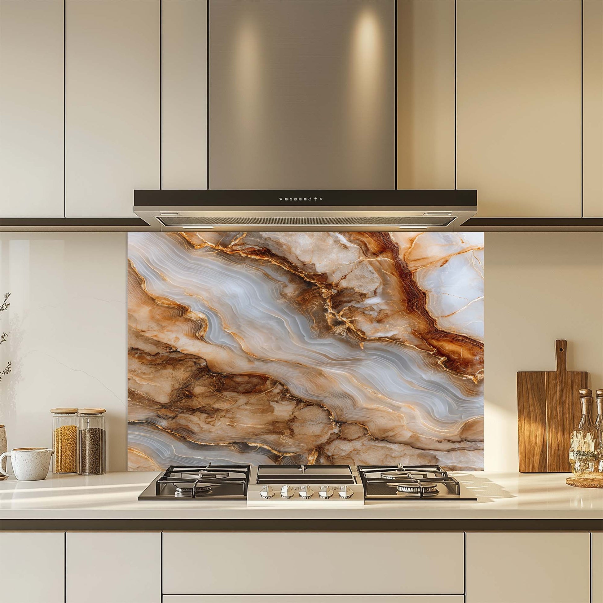 Modern kitchen with a decorative glass backsplash featuring a marble-like pattern.