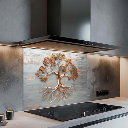 Modern kitchen with a decorative glass splashback featuring a tree design.