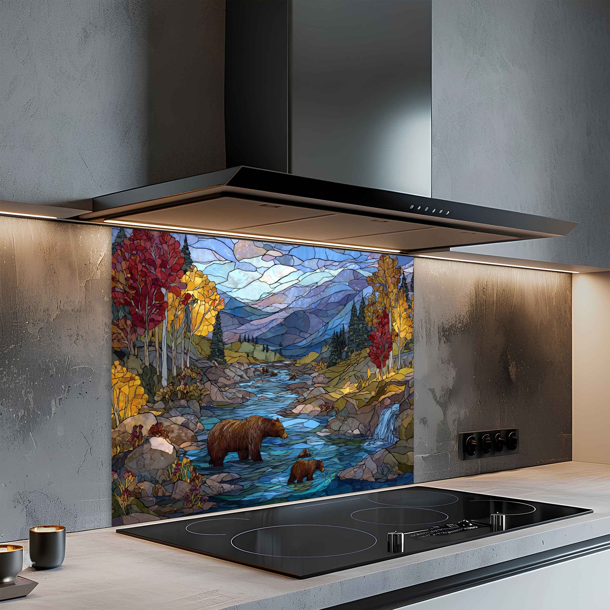 Modern kitchen with a decorative glass splashback featuring a nature scene.
