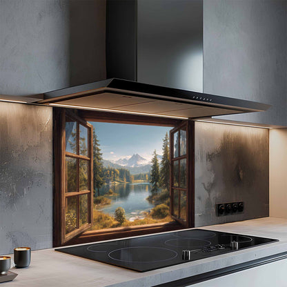 Modern kitchen with a scenic window view of a lake and mountains glass backsplash.