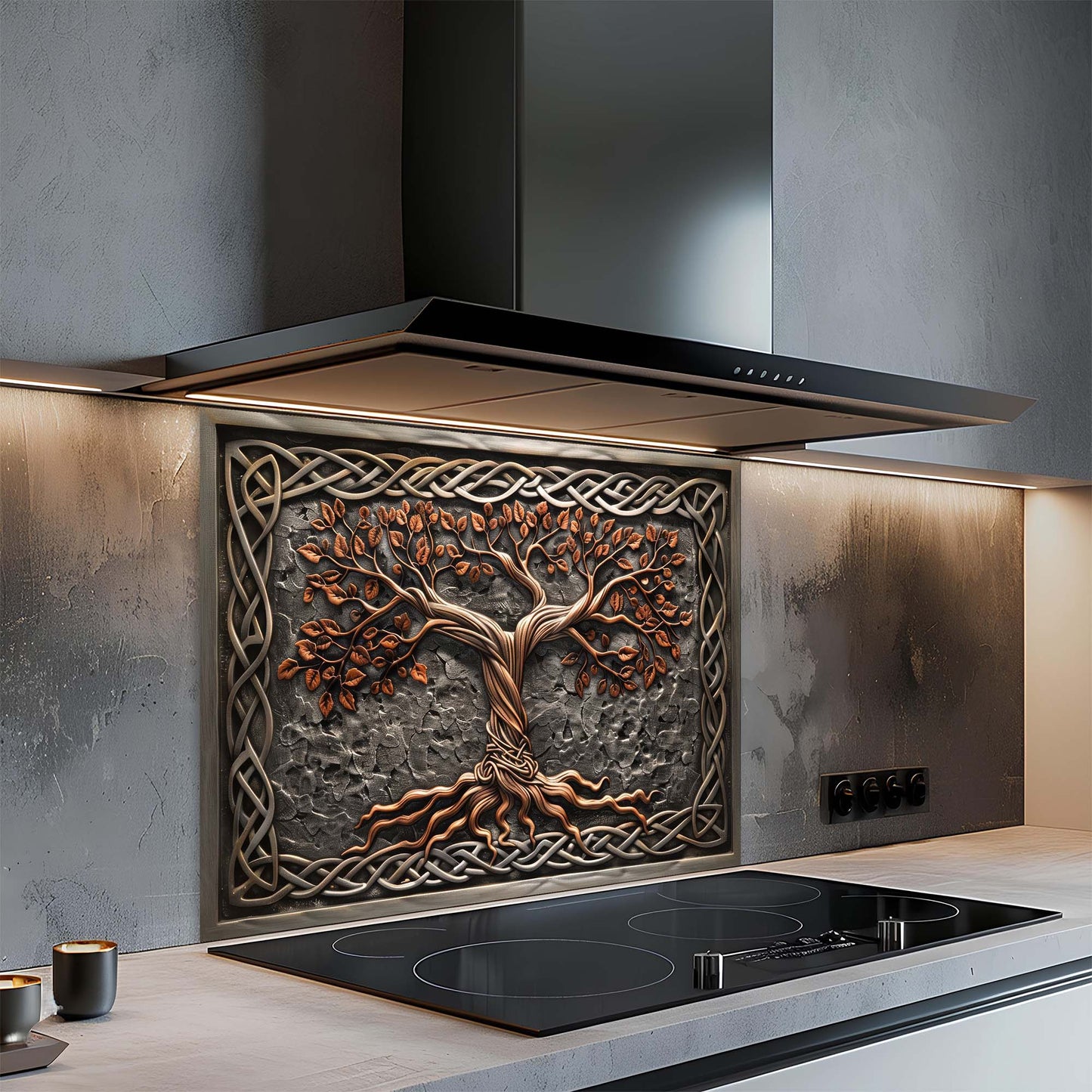 Decorative kitchen hood with tree design glass backsplash in a modern kitchen setting