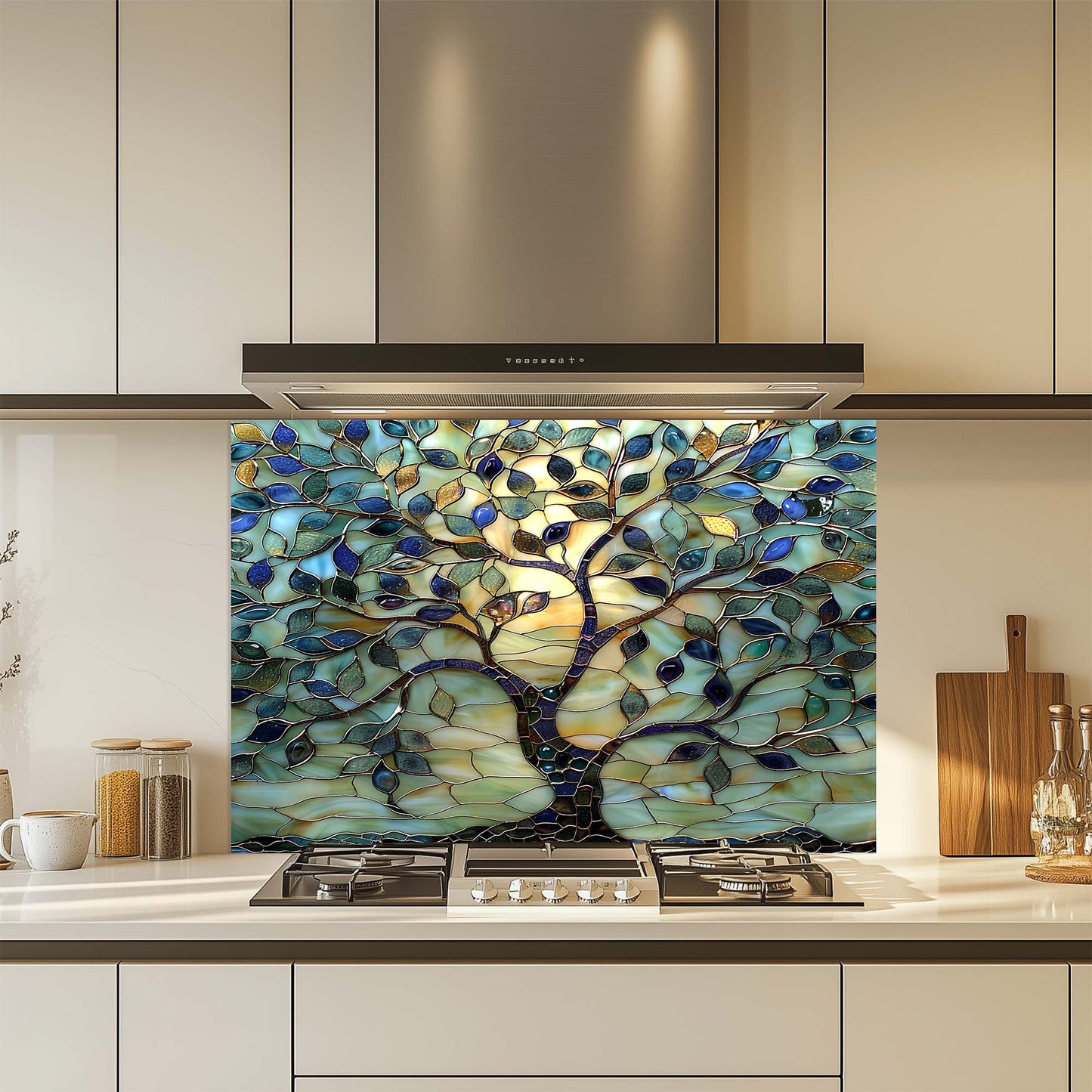 Decorative glass backsplash with tree design in a kitchen setting
