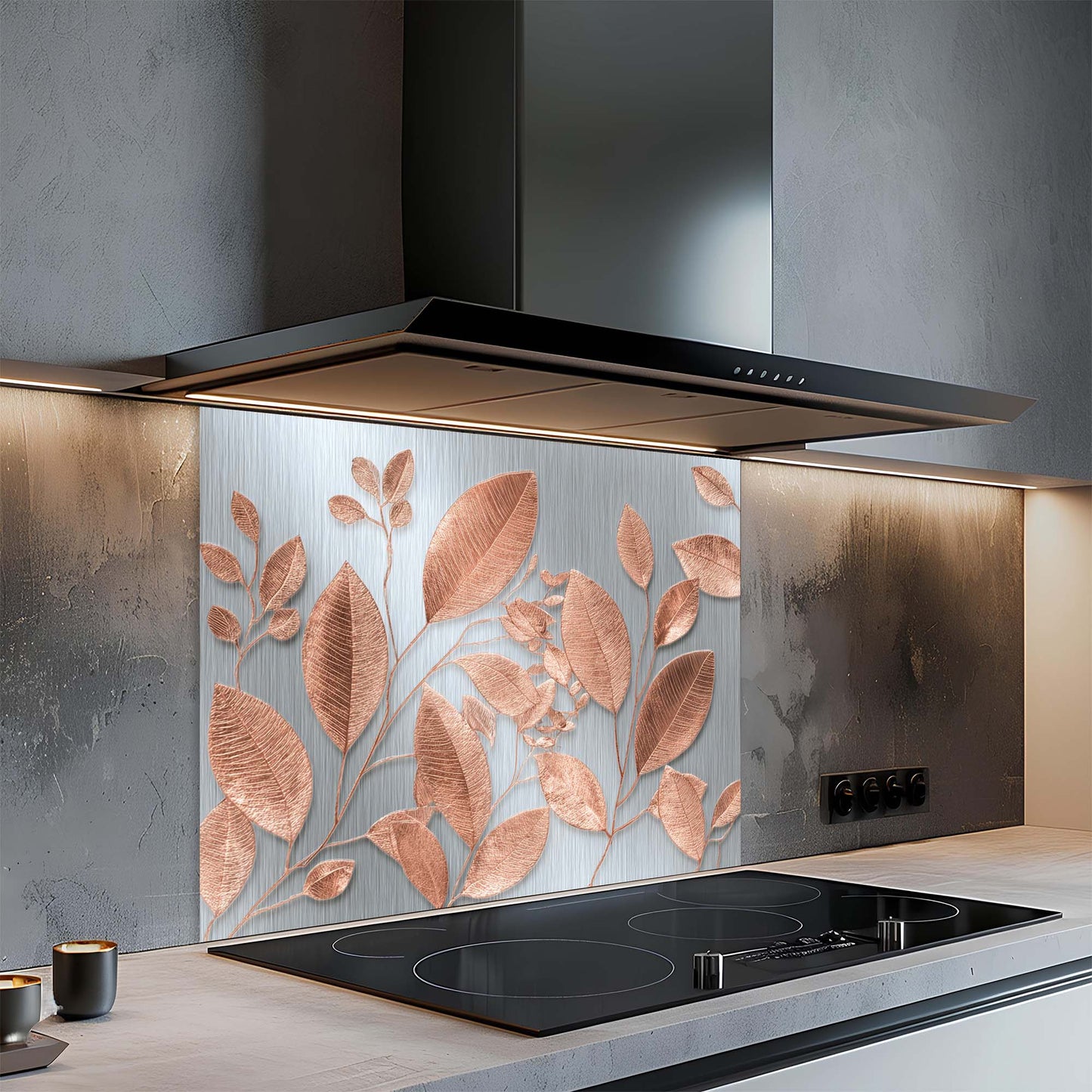 Roségoldene Blätter – Küchenrückwand aus gehärtetem Glas – Botanischer Küchenspritzschutz