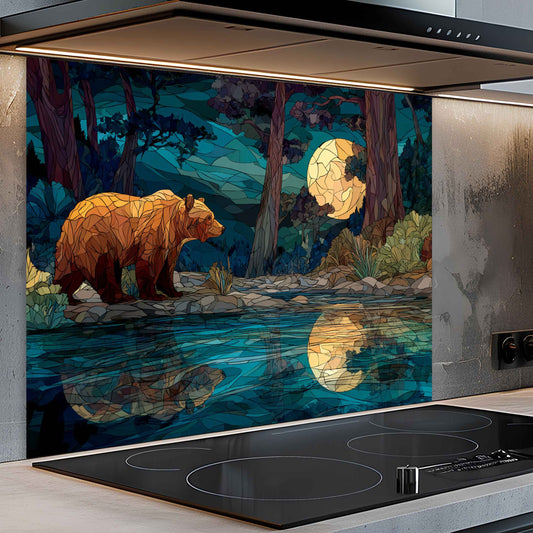 Kitchen with a decorative glass backsplash featuring a bear and moonlit forest design.