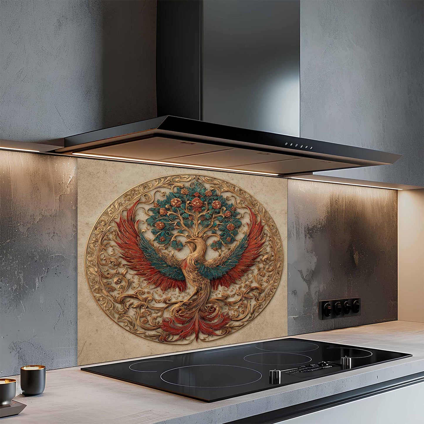 Kitchen with a decorative glass backsplash featuring a phoenix design.