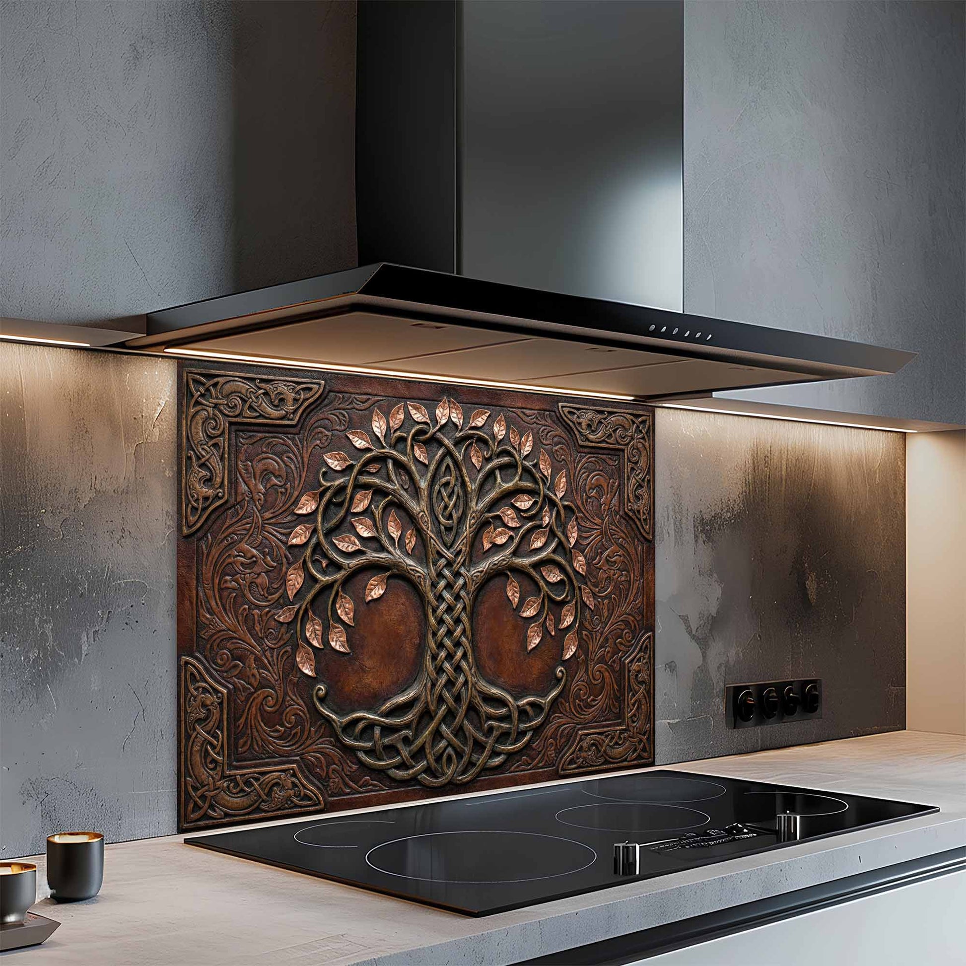 Decorative backsplash with tree of life design above a stove in a modern kitchen.
