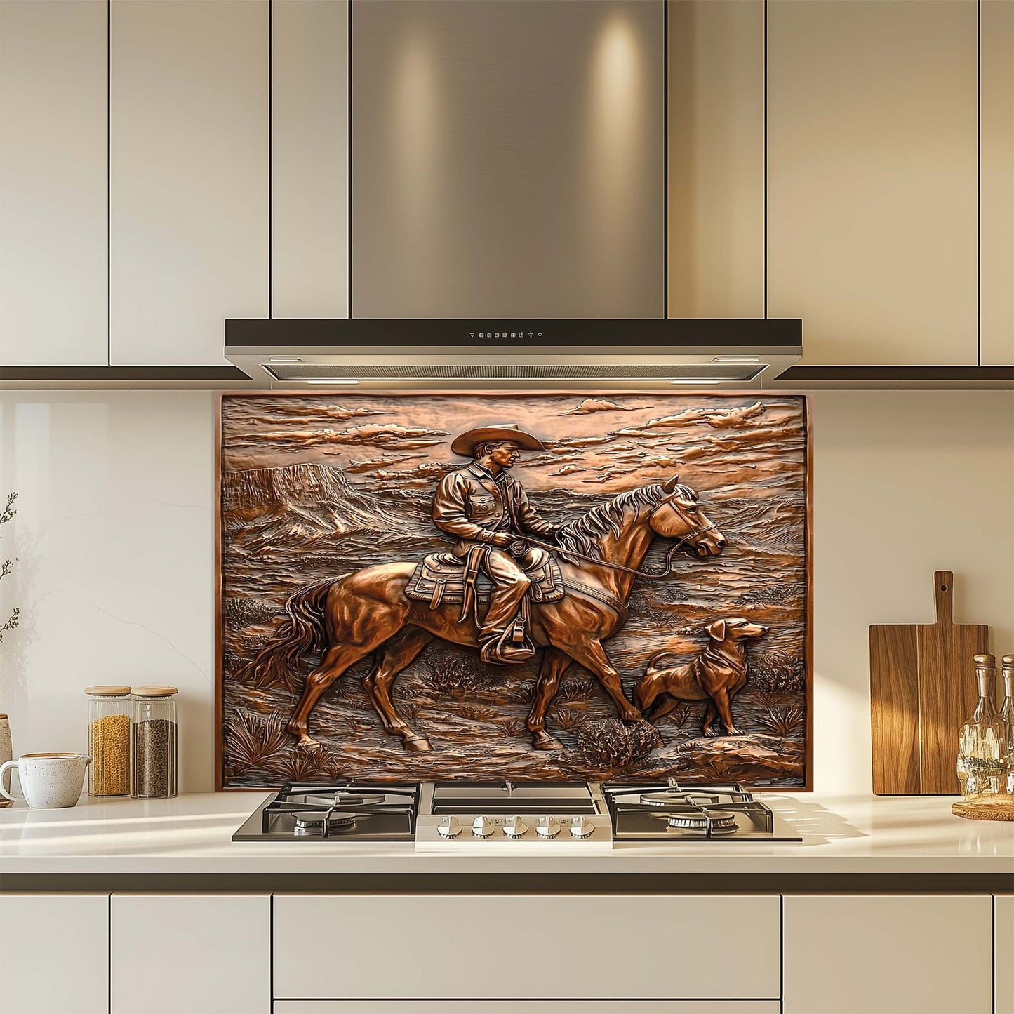 Western copper kitchen glass backsplash with cowboy on horse and dog in desert landscape