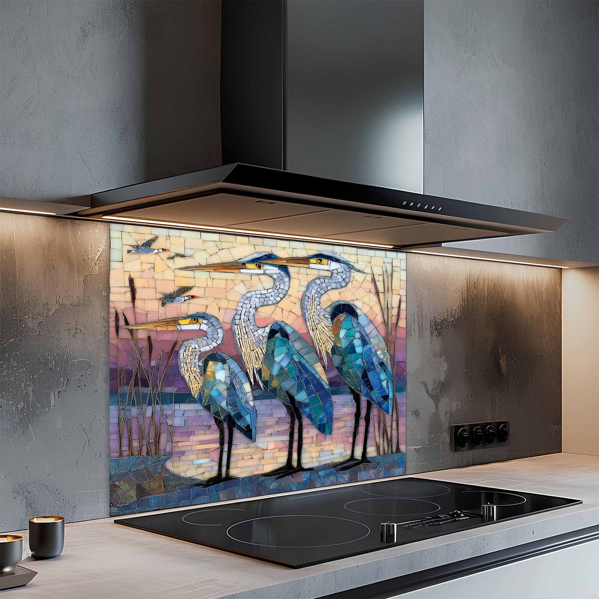 Kitchen with a decorative glass splashback featuring birds