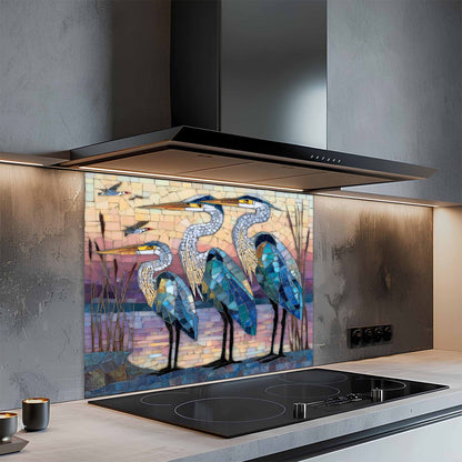 Kitchen with a decorative glass splashback featuring birds