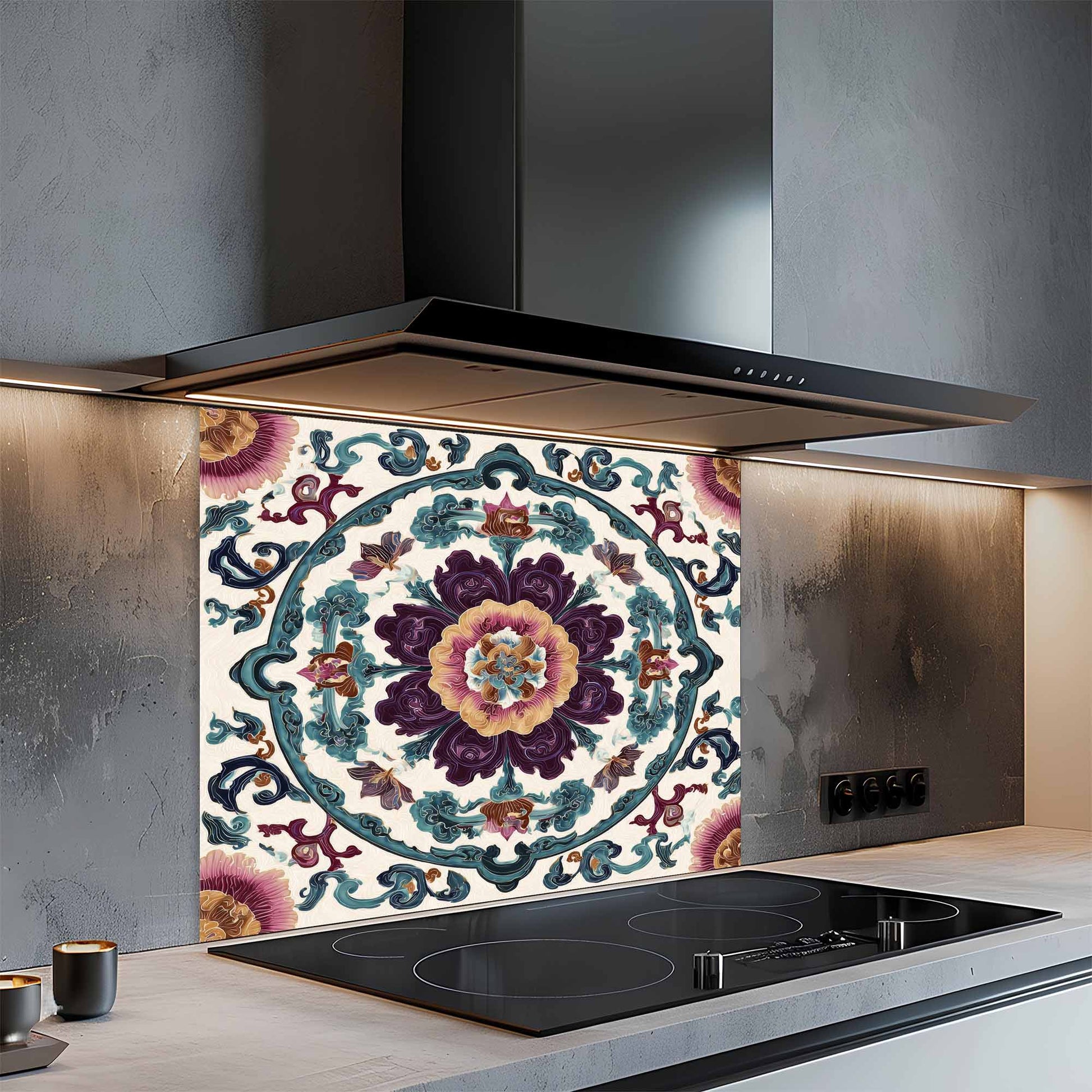 Kitchen with a decorative glass splashback featuring a floral pattern.