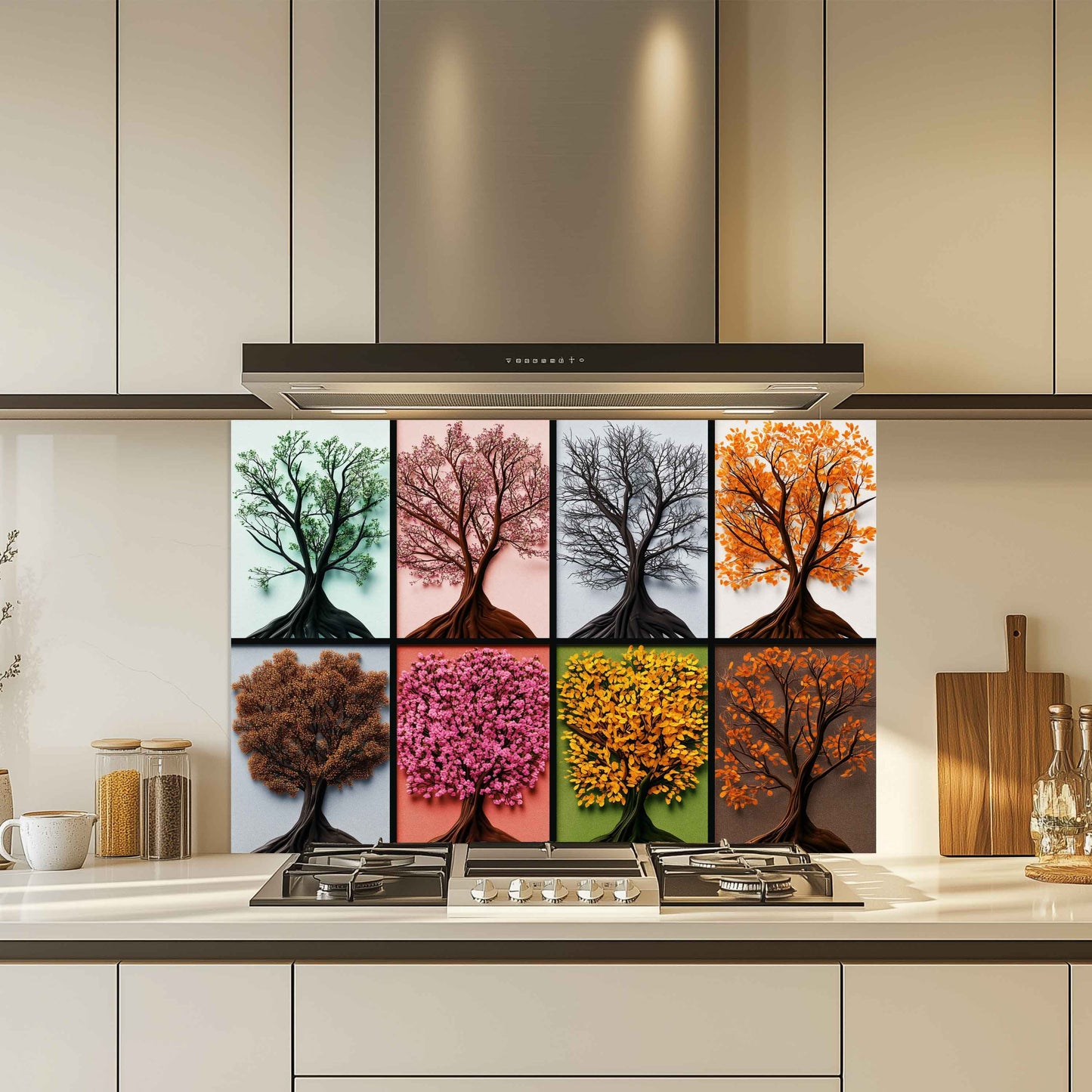 Kitchen with a decorative backsplash featuring six tree illustrations in different seasons.