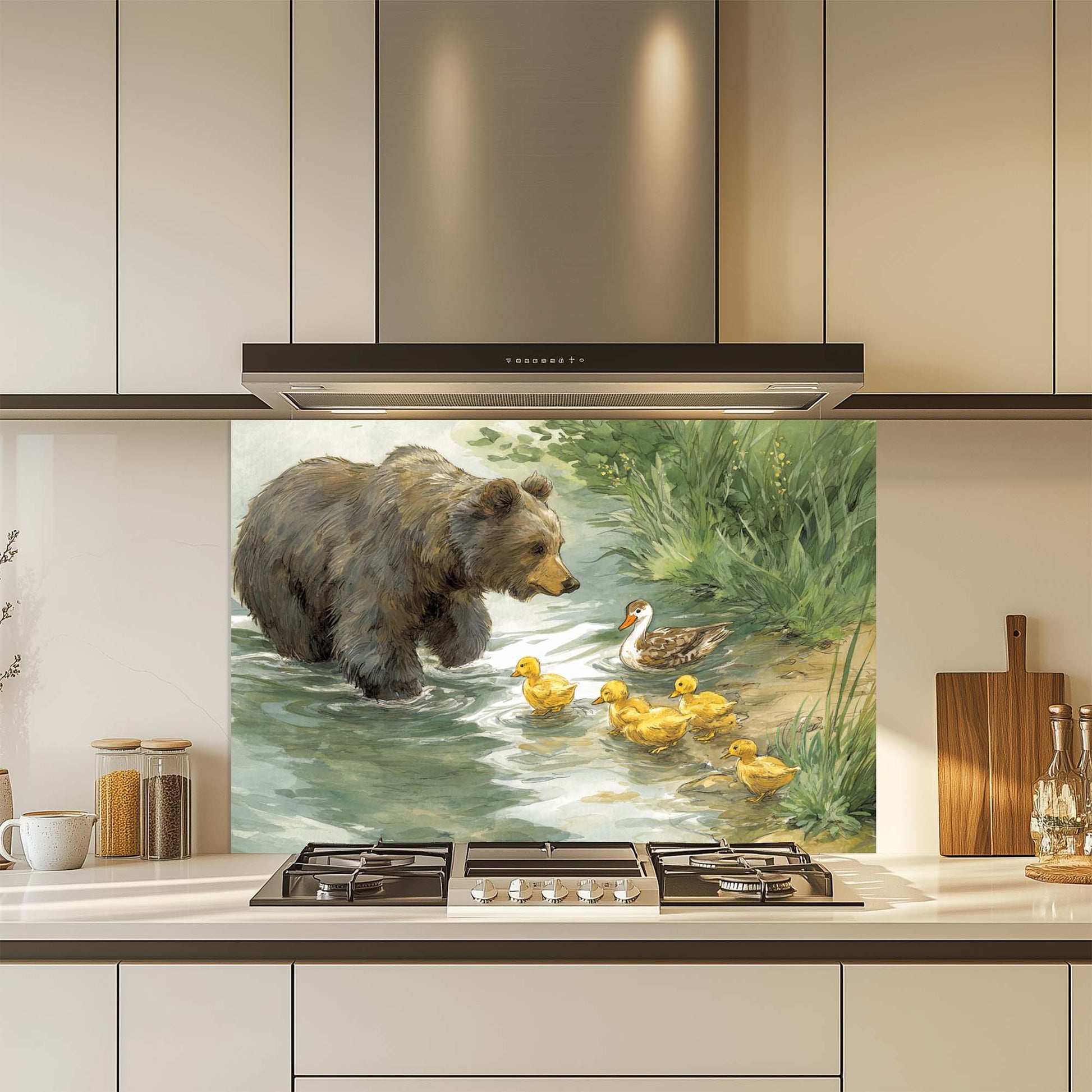Kitchen with a decorative glass splashback featuring a bear and ducks.