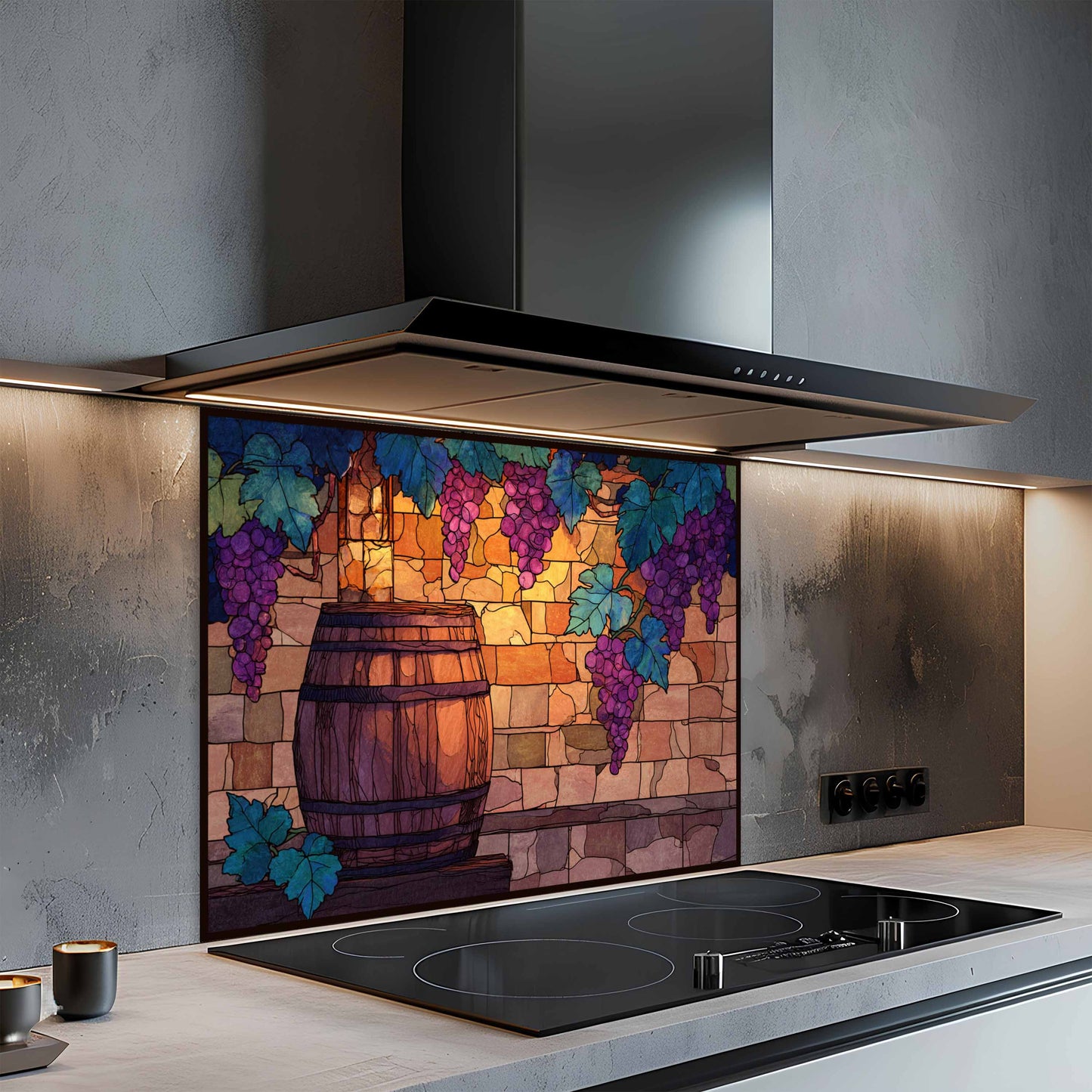 Modern kitchen with a decorative glass panel featuring grapes and a barrel.