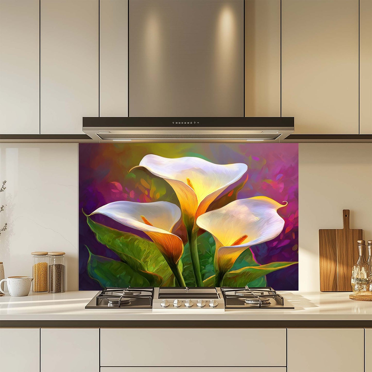 Kitchen with a colorful floral design glass backsplash over a stove.