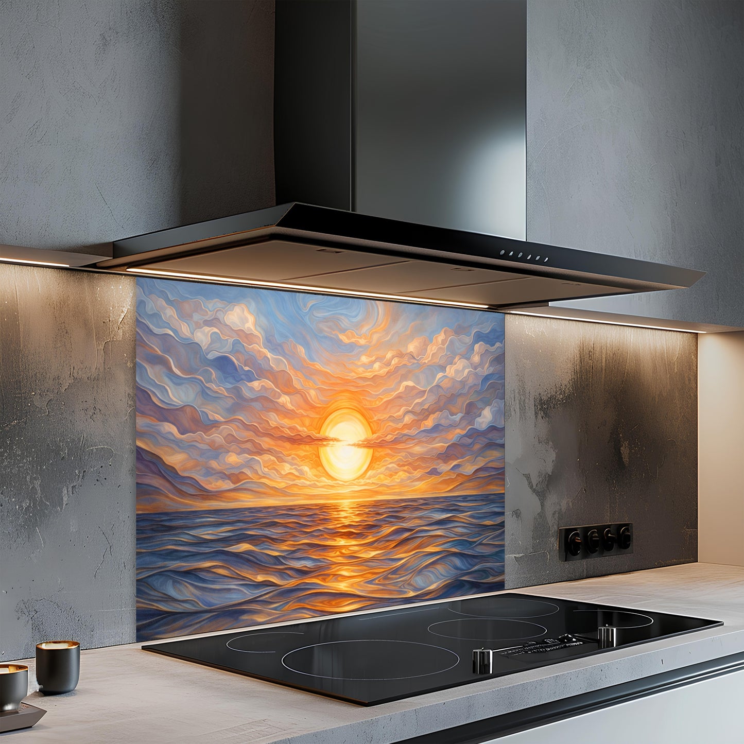 Modern kitchen with a sunset design glass splashback behind a stove.
