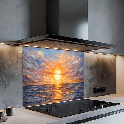 Modern kitchen with a sunset design glass splashback behind a stove.