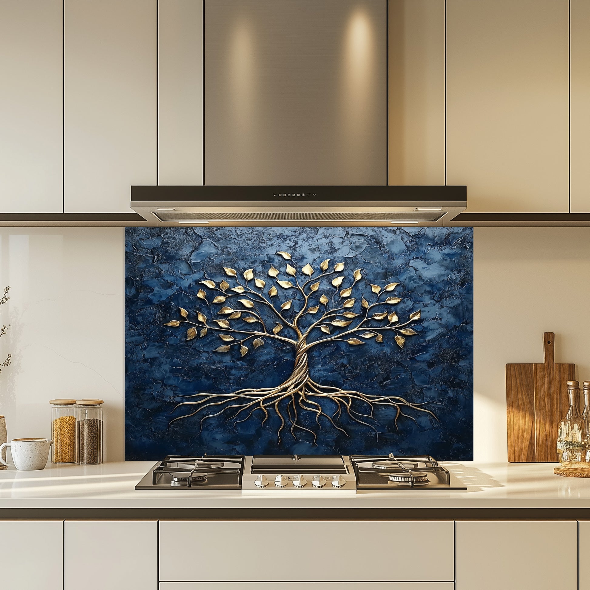 Kitchen with a decorative glass splashback featuring a tree design.
