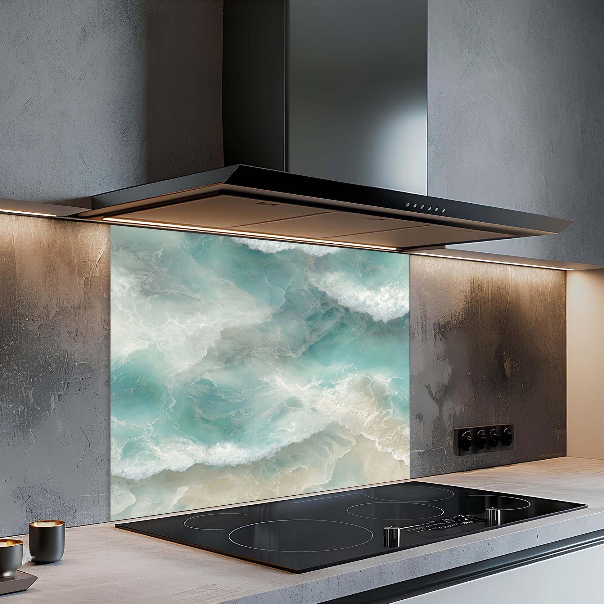 Modern kitchen with a glass splashback featuring ocean wave design.
