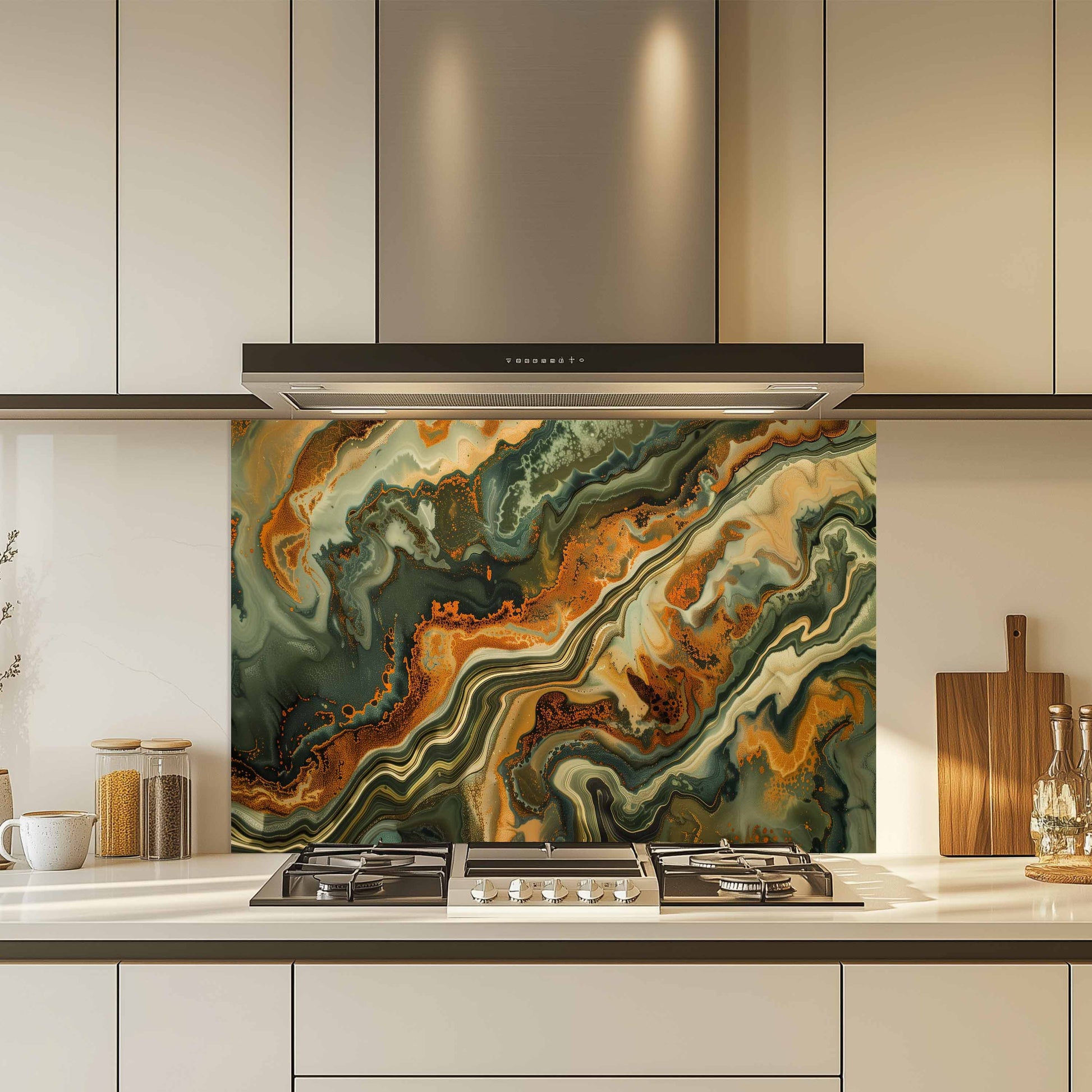 Kitchen with a colorful marble-patterned backsplash above a stove.