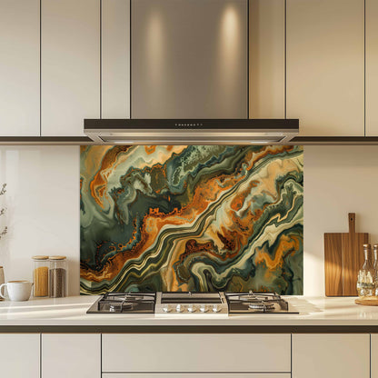 Kitchen with a colorful marble-patterned backsplash above a stove.