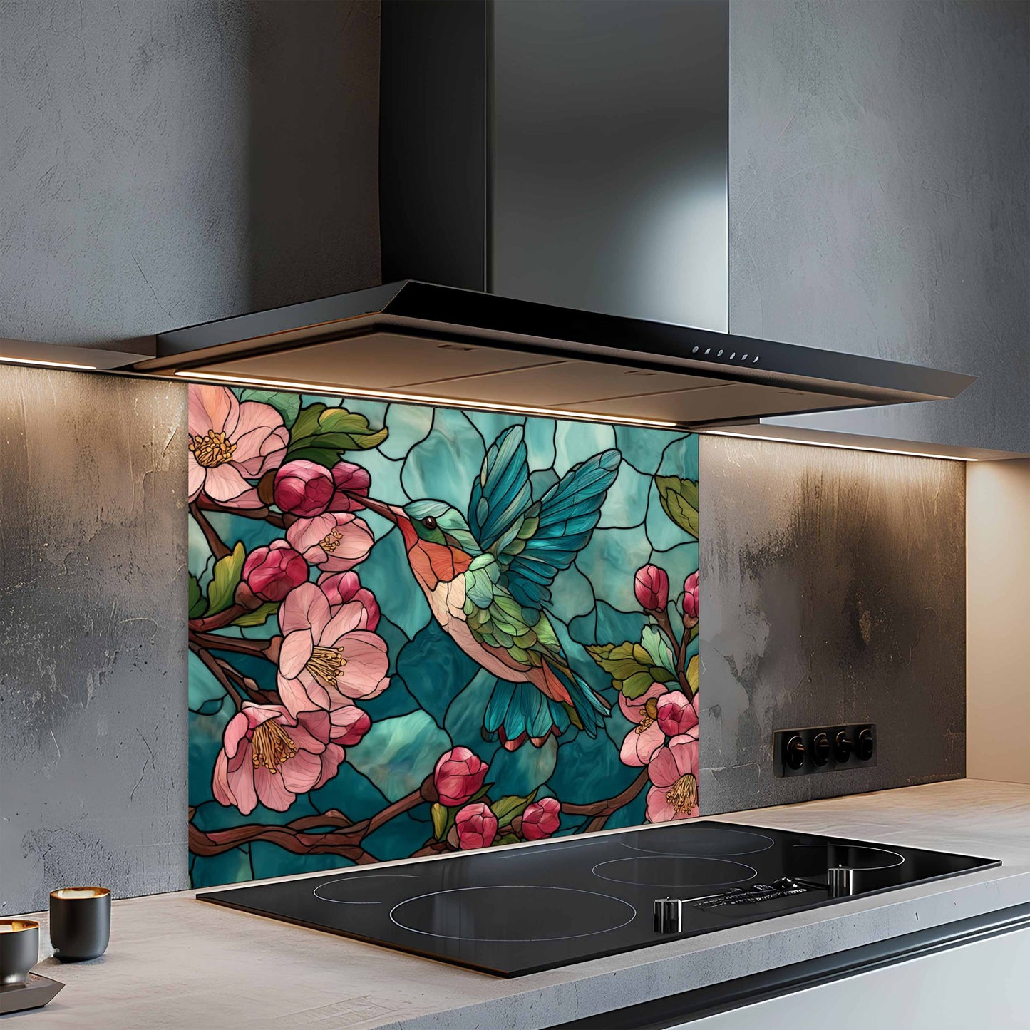 Kitchen with a decorative glass splashback featuring a hummingbird and flowers.