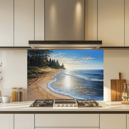 Tempered glass backsplash featuring pine trees and coastal shoreline at sunset – perfect for rustic or beach-themed kitchens.