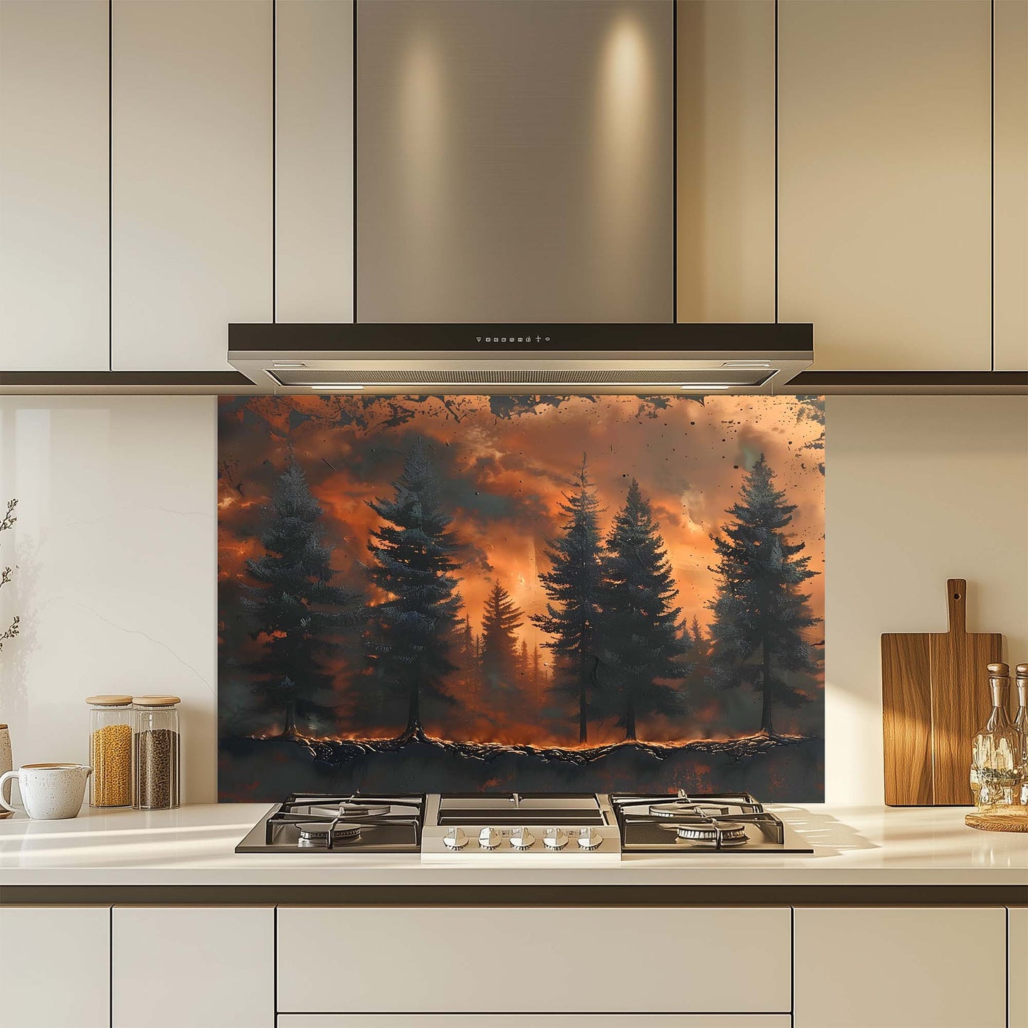 Kitchen with a forest fire design glass backsplash over a stove