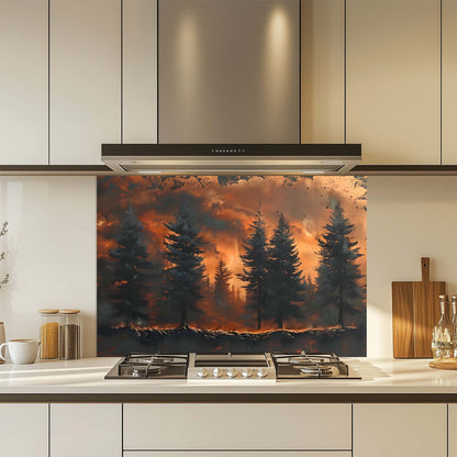 Kitchen with a forest fire design glass backsplash over a stove