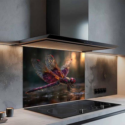 Modern kitchen with a glass splashback featuring a dragonfly design.