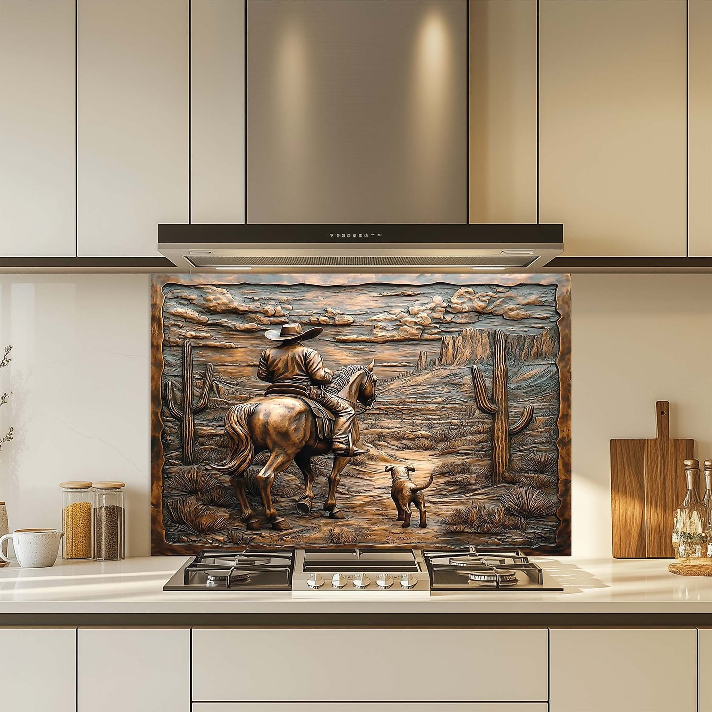 Decorative glass backsplash with a cowboy and horse design in a modern kitchen.