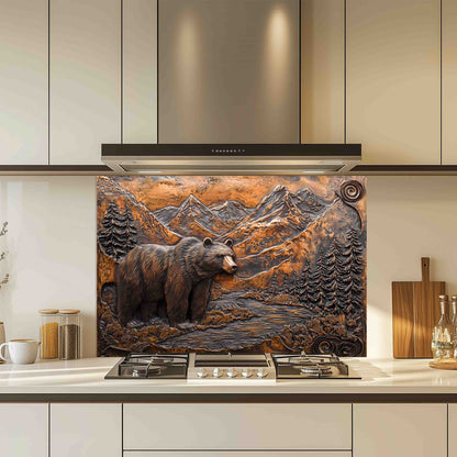 Decorative backsplash with bear and mountain design in a kitchen