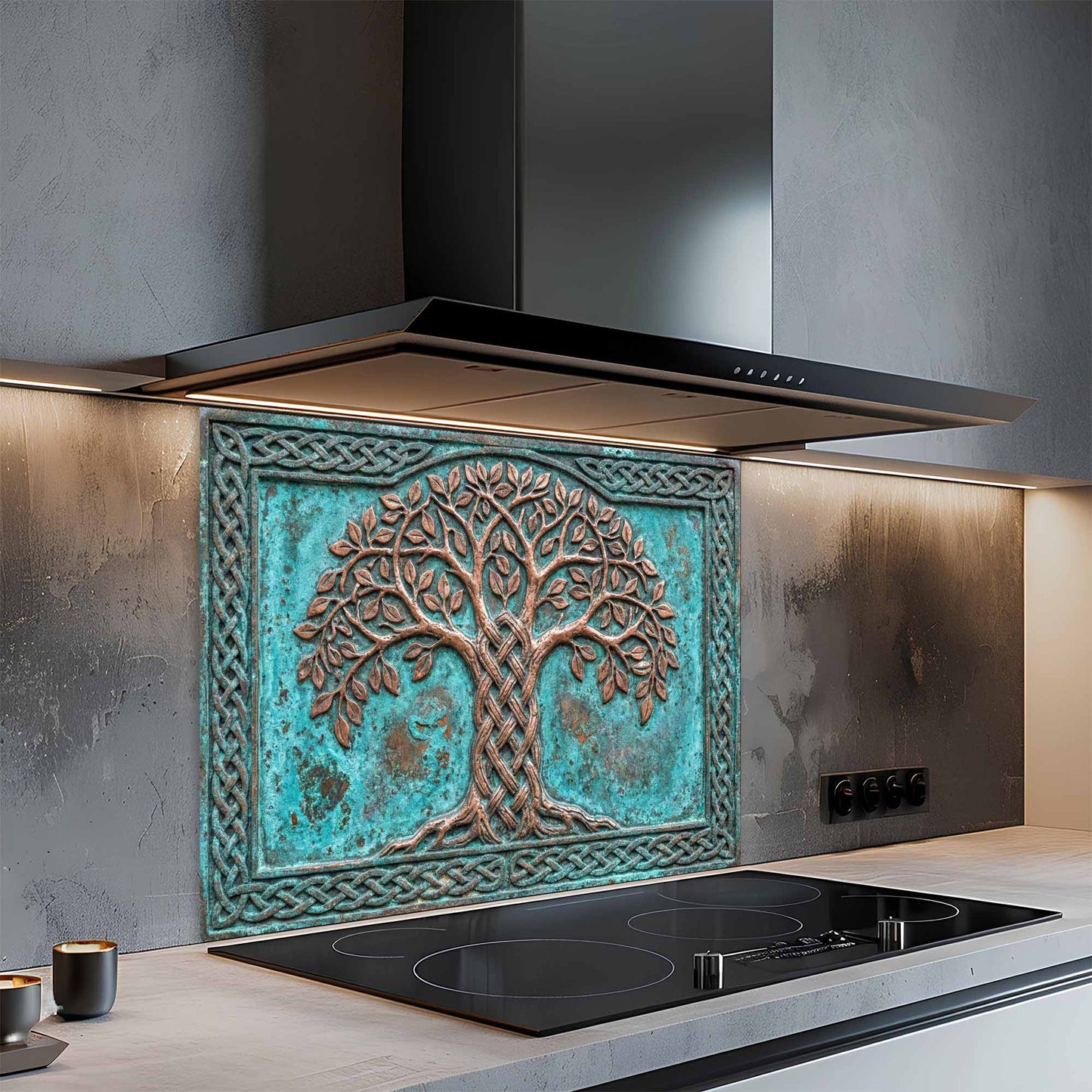 Decorative glass backsplash with a tree design above a kitchen stove.