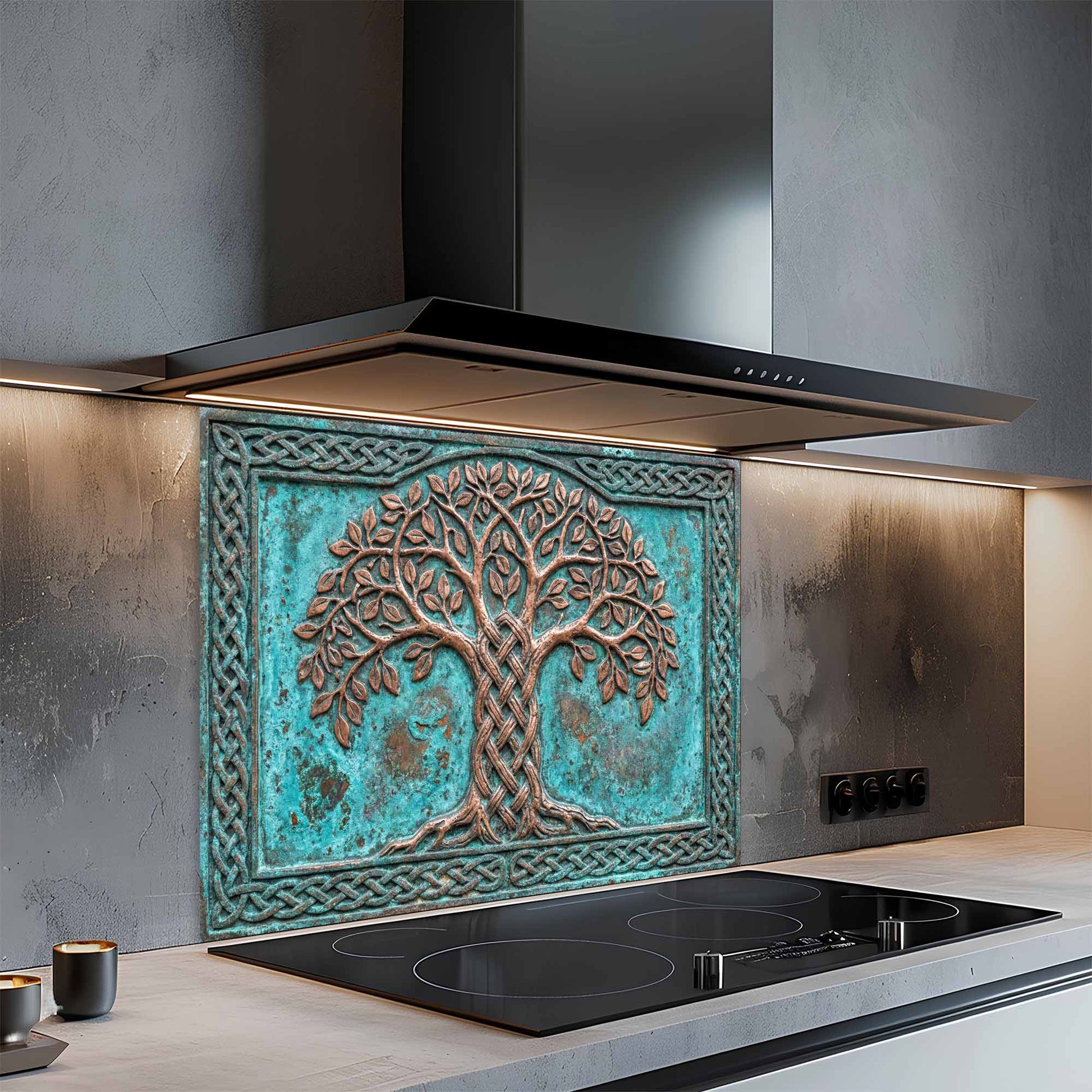 Decorative glass backsplash with a tree design above a kitchen stove.