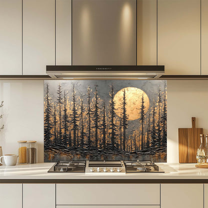 Kitchen with a decorative glass splashback featuring a forest design.