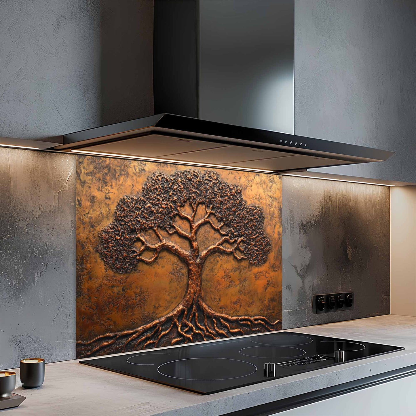 Modern kitchen with a decorative glass backsplash featuring a tree design.