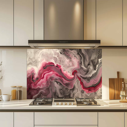 Modern kitchen with a pink and gray marbled backsplash