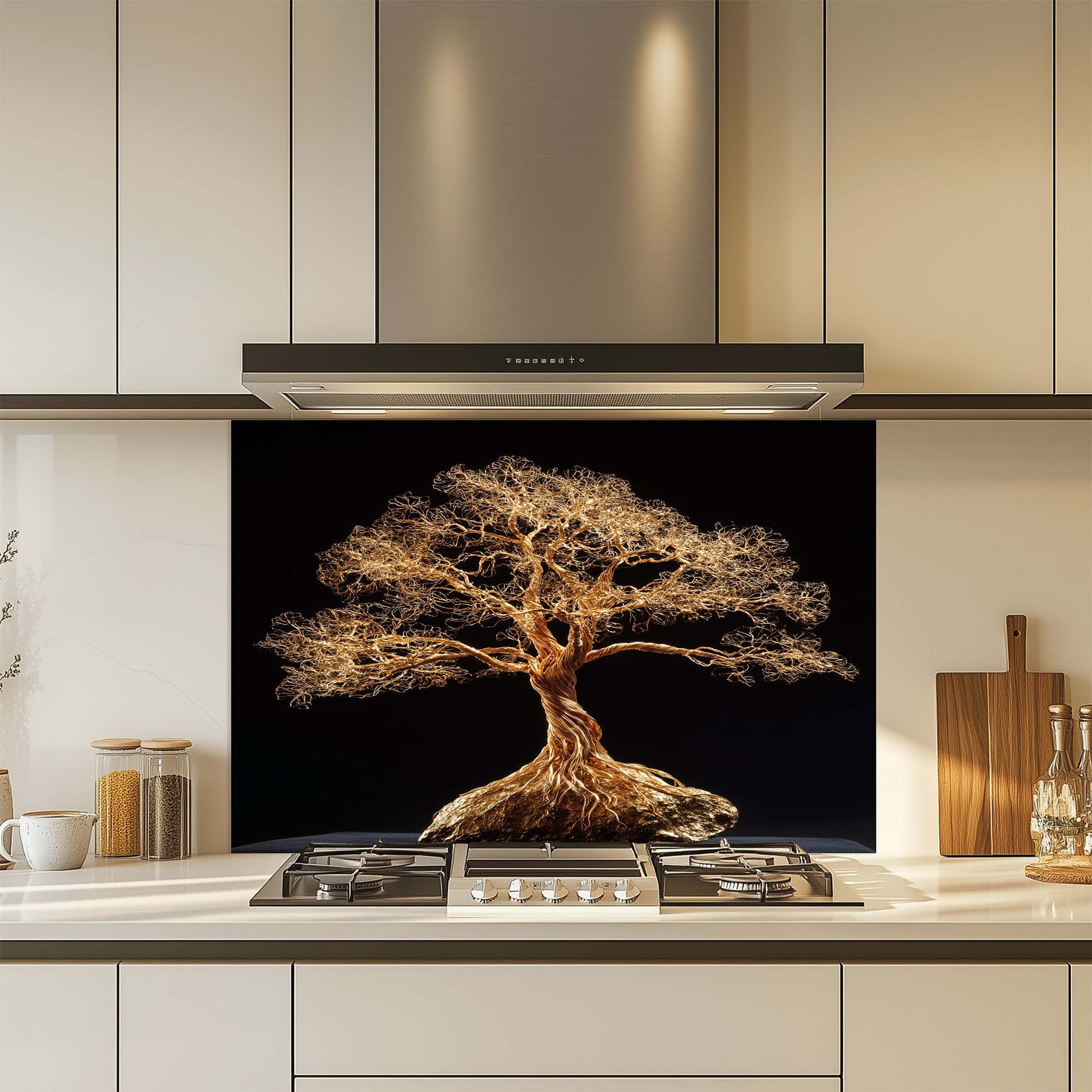 Striking gold wire tree design glass backsplash. Glossy tempered glass, heat-resistant, custom size available.