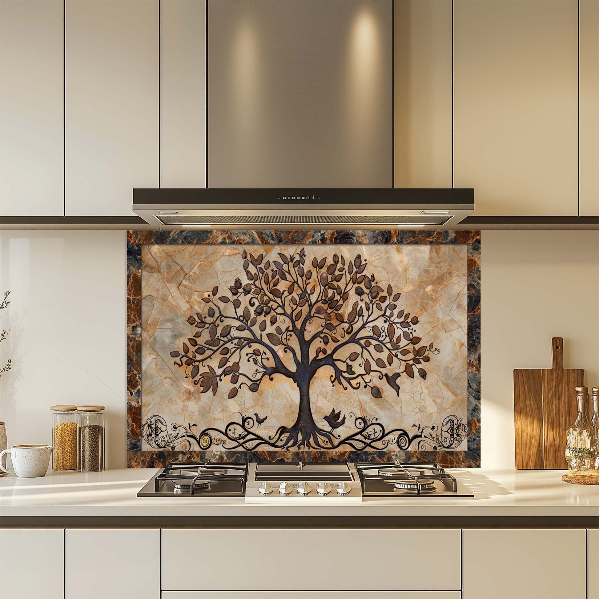 Kitchen with a decorative glass backsplash featuring a tree design.