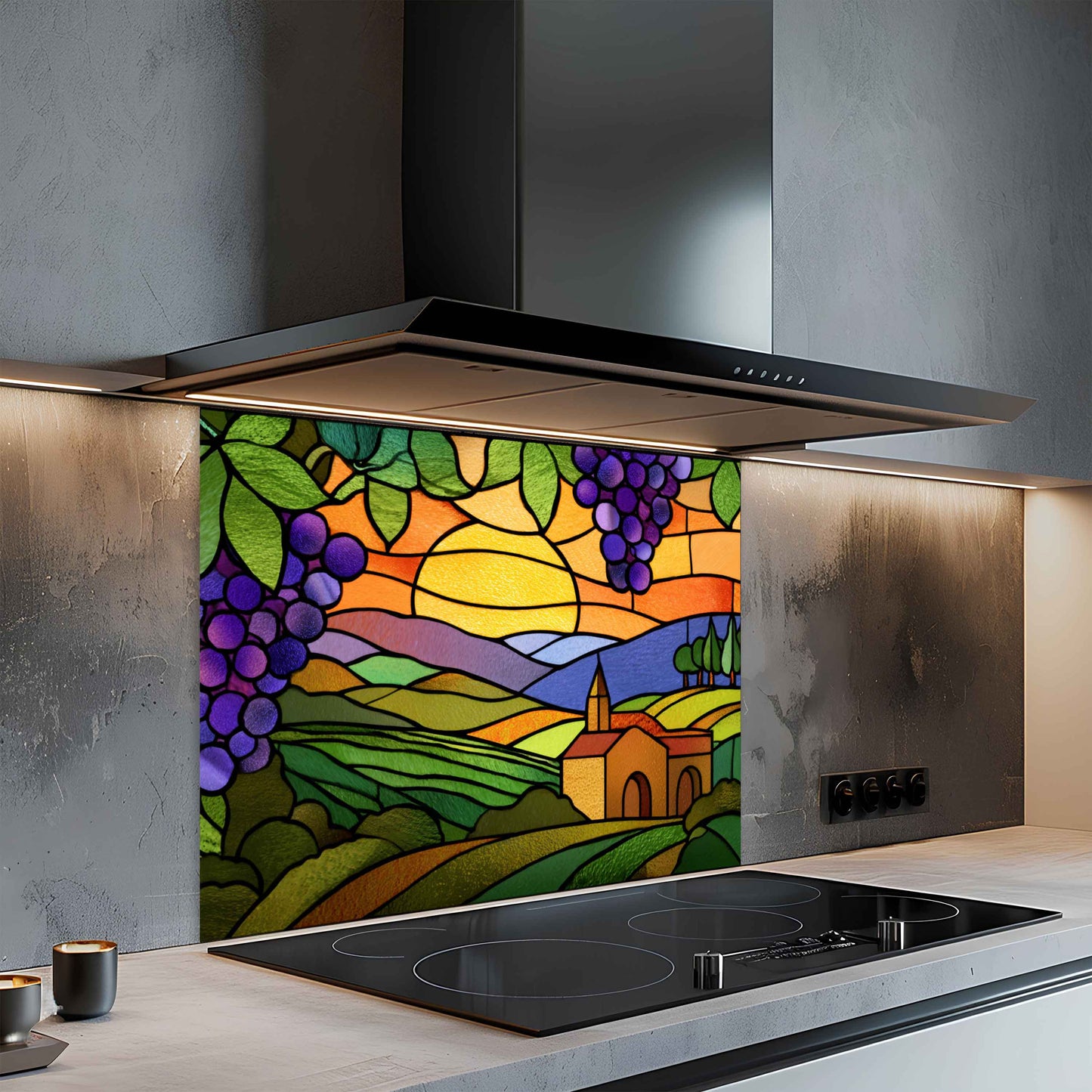 Modern kitchen with a colorful stained glass backsplash featuring a sunset over a village.