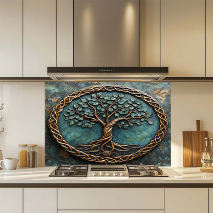 Decorative glass backsplash with a tree design over a kitchen stove