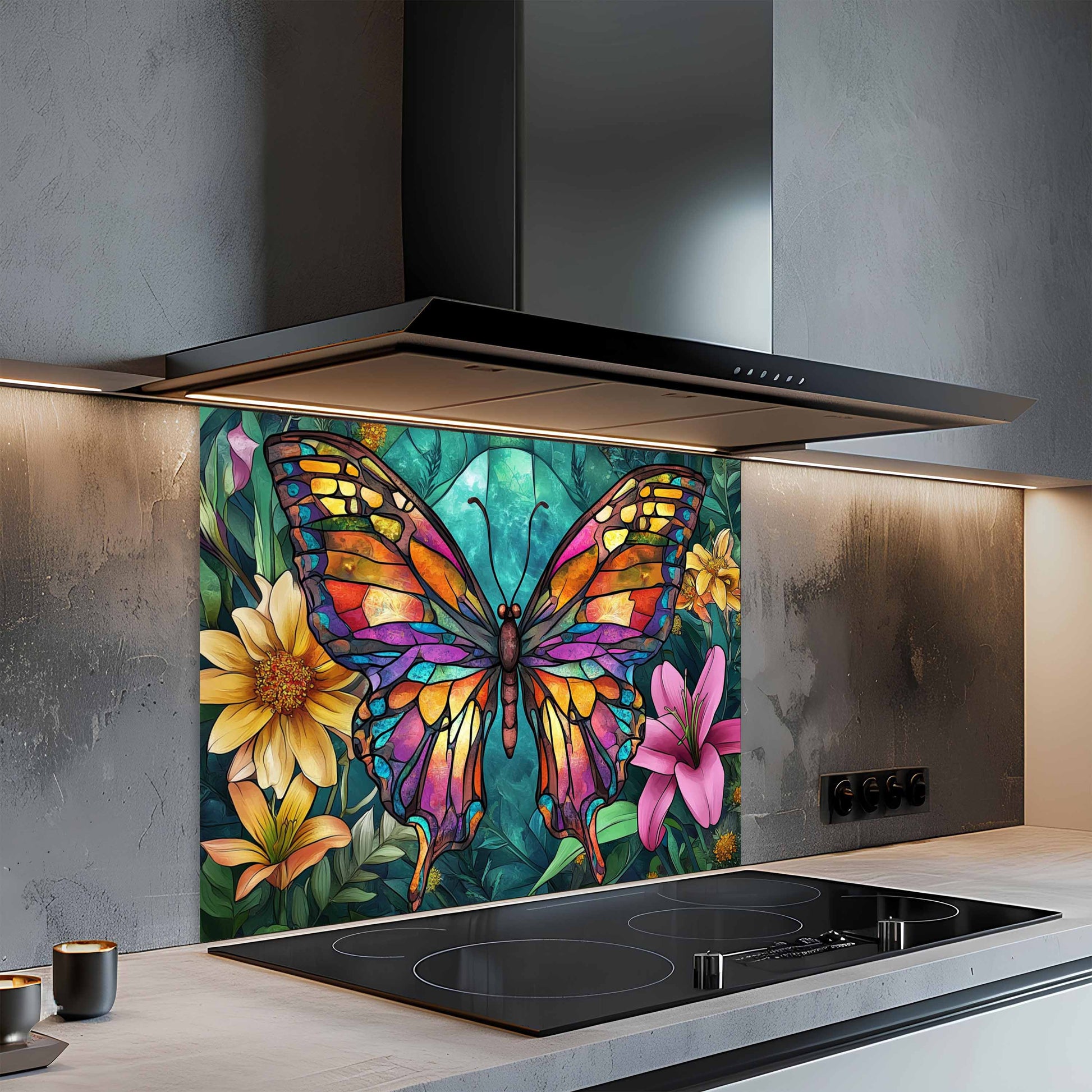 Kitchen with a colorful butterfly and floral design on a glass splashback.