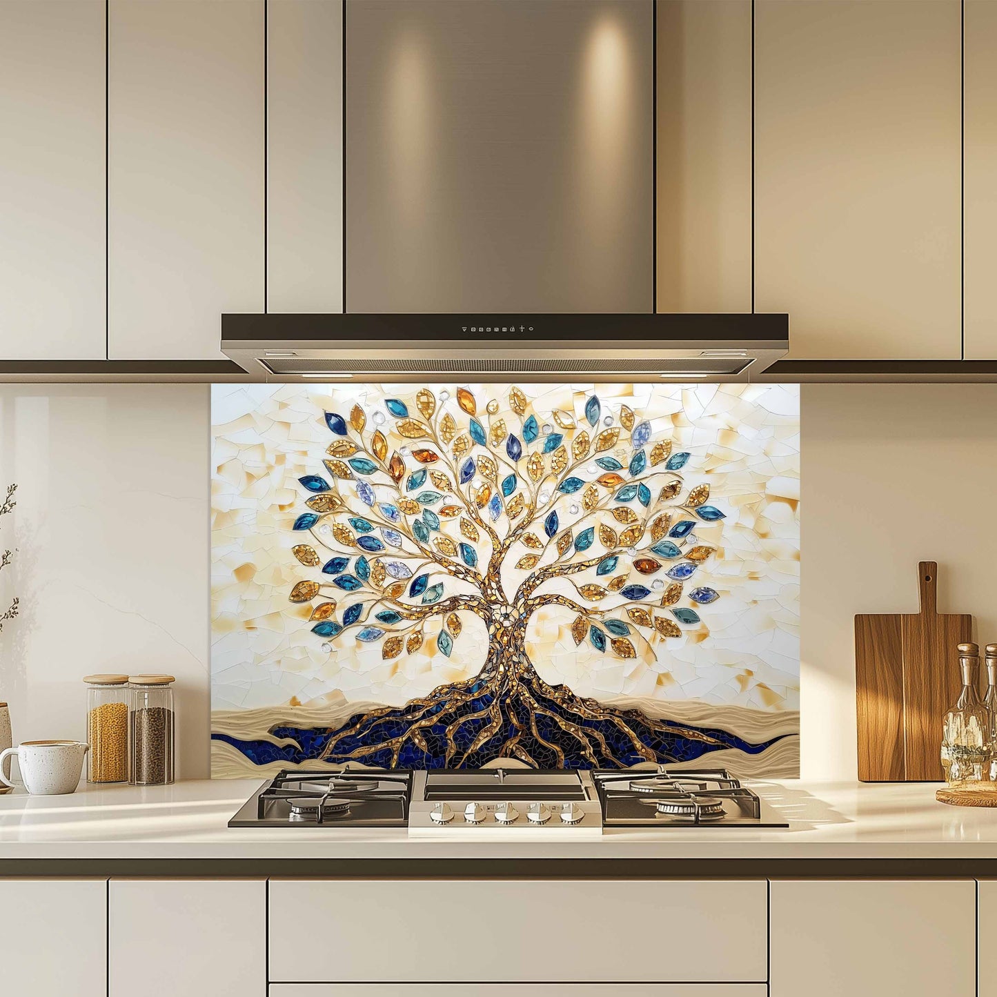Kitchen with a decorative glass splashback featuring a tree design.