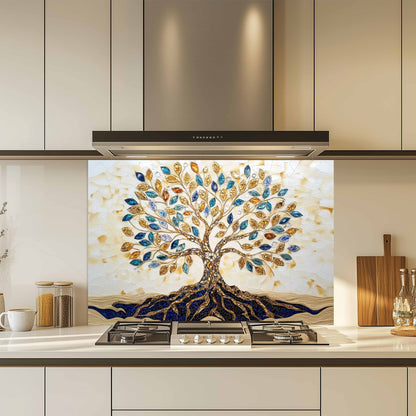 Kitchen with a decorative glass splashback featuring a tree design.