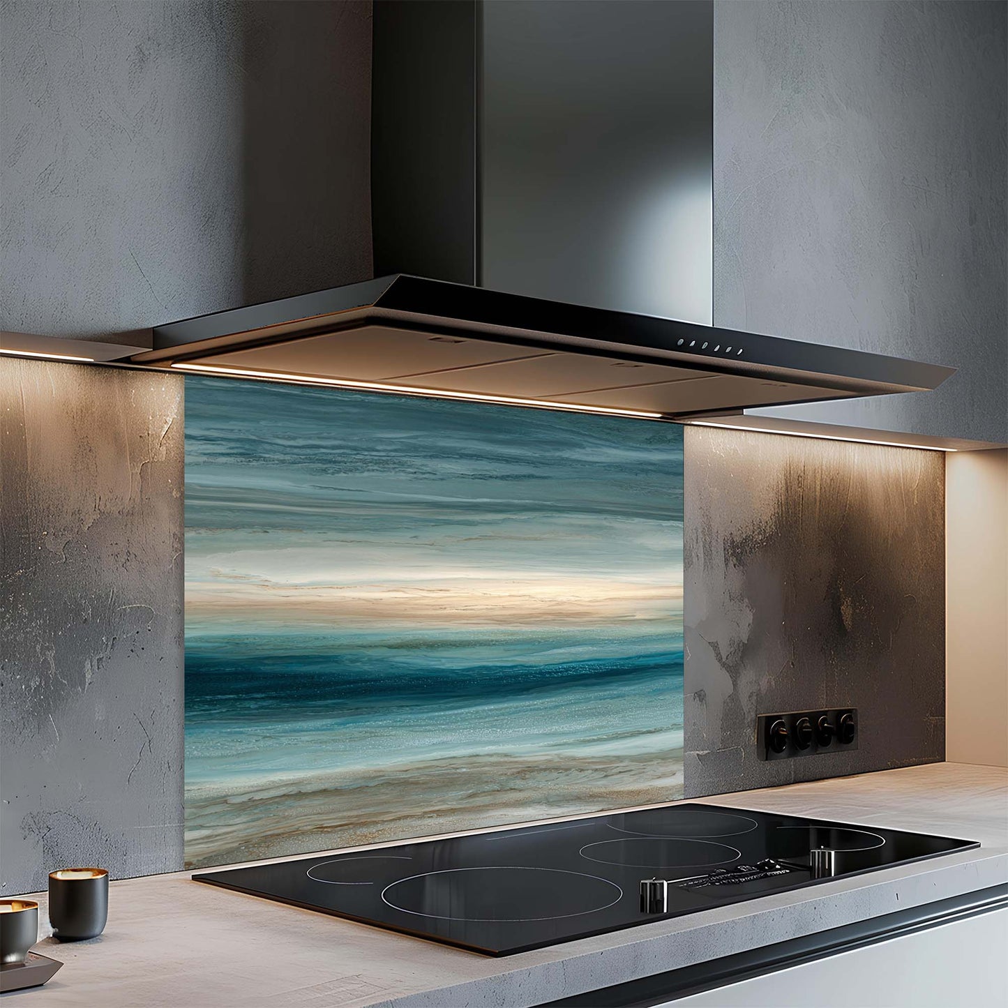 Modern kitchen with a glass splashback featuring a beach scene.