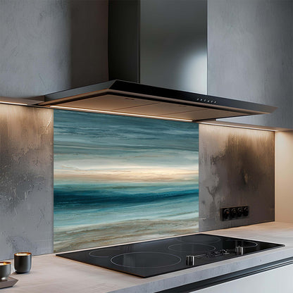 Modern kitchen with a glass splashback featuring a beach scene.