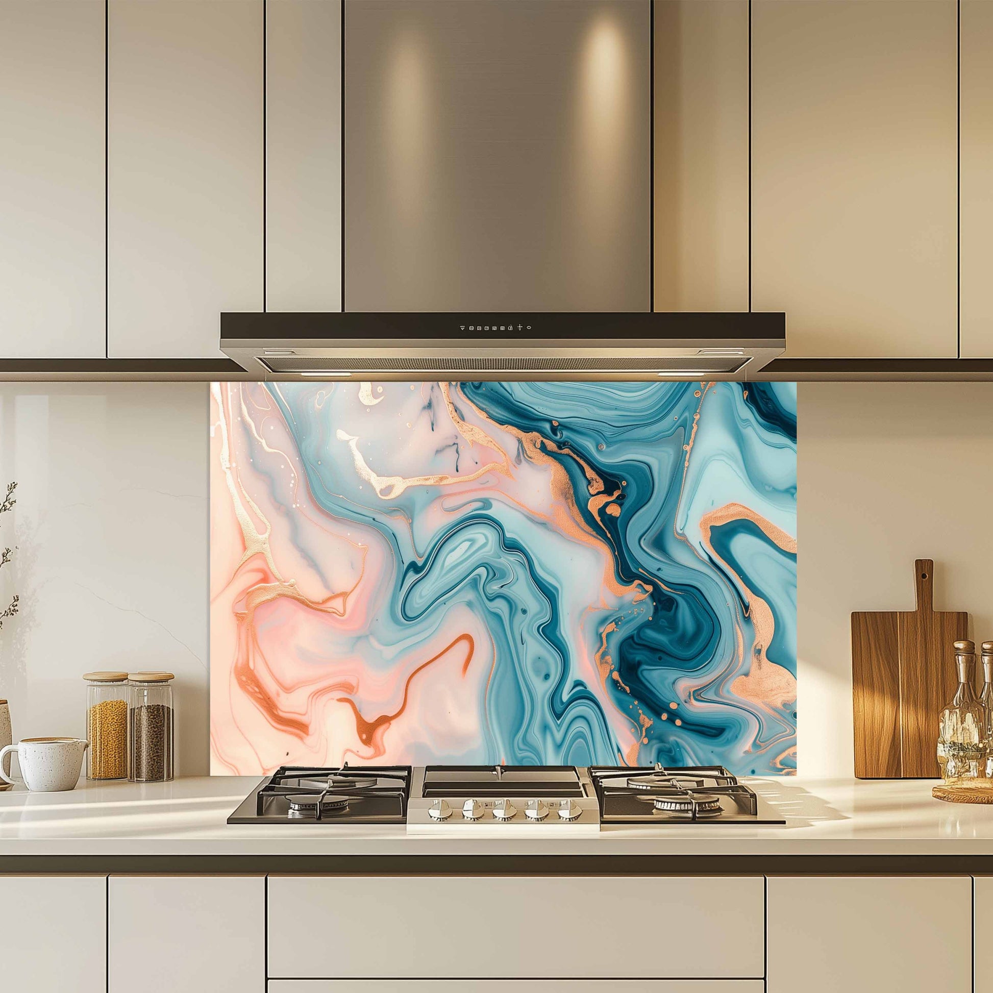 Kitchen with a colorful abstract design splashback above a stove.