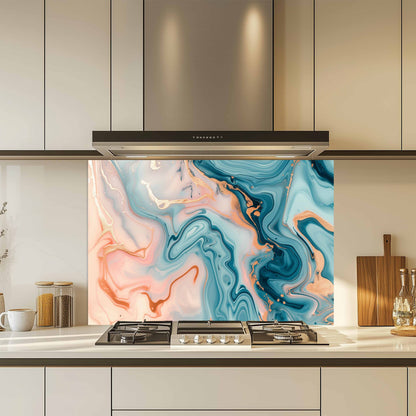 Kitchen with a colorful abstract design splashback above a stove.