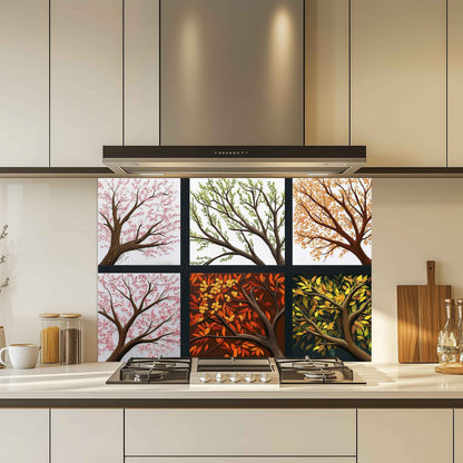 Kitchen with a decorative glass splashback featuring four seasons.